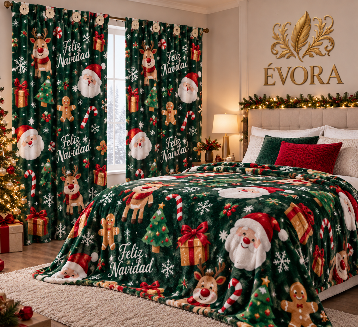 Combo navideño en diseño verde con Papá Noel: cortina y cobija