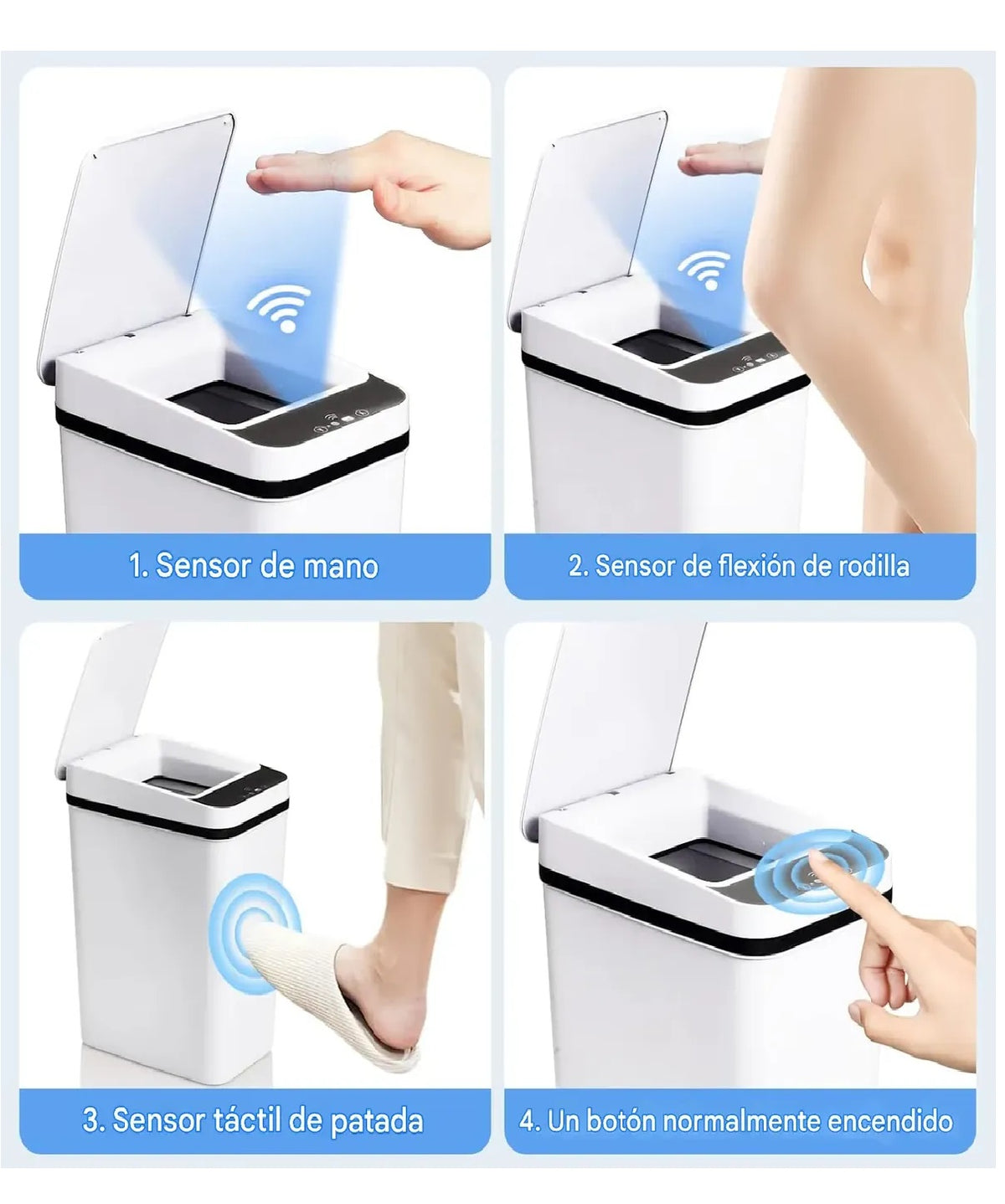 Cuatro formas de abrir la caneca: sensor de mano, rodilla, toque del pie y botón