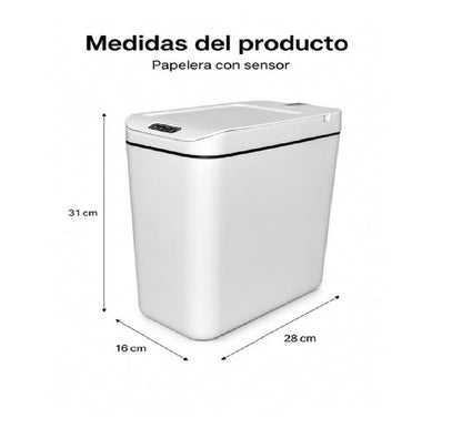 Medidas de la caneca con sensor: 31 cm de alto, 16 cm de ancho y 28 cm de fondo