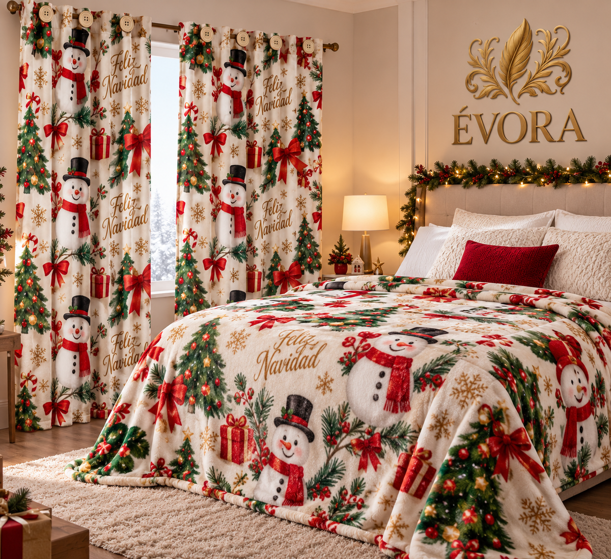 Combo navideño en diseño crema con muñecos de nieve: cortina y cobija