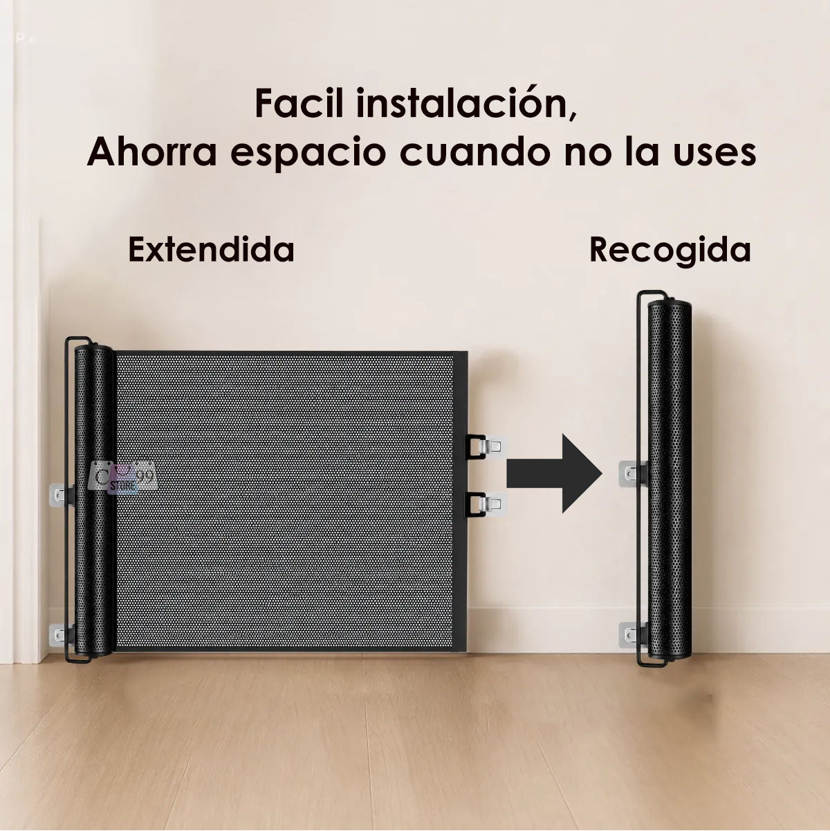 Malla retráctil extendida y recogida dentro de su tubo