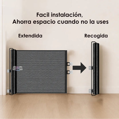 Malla retráctil extendida y recogida dentro de su tubo