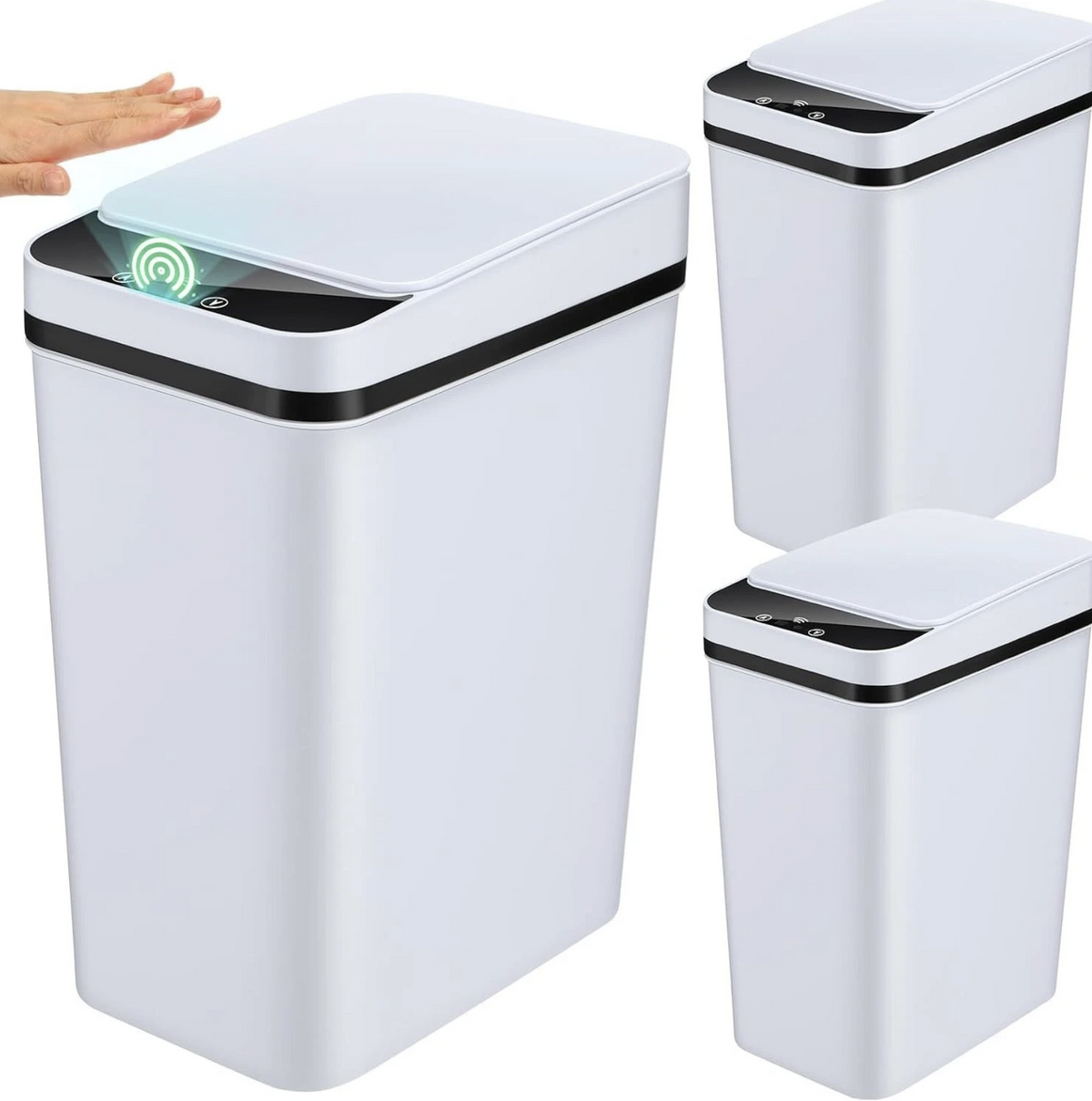 Caneca blanca con sensor: acercas la mano a la tapa y se abre sola