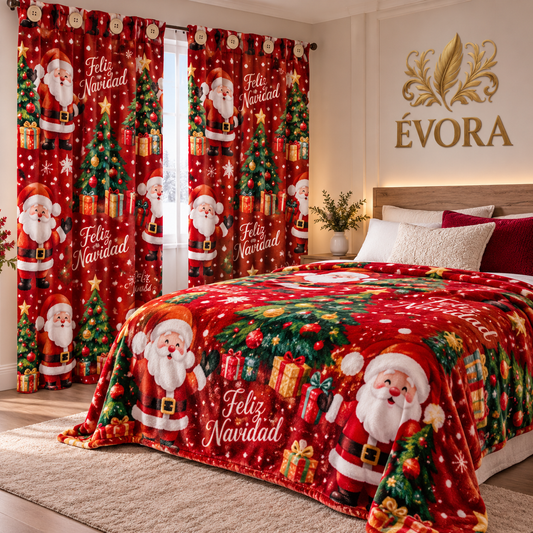 Cuarto con cortina y cobija navideñas rojas con Papá Noel