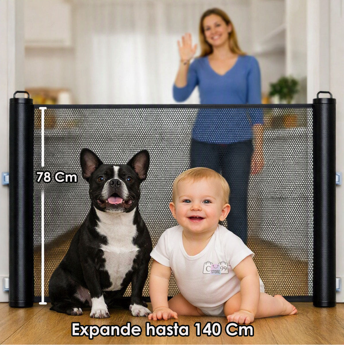 Malla retráctil de 78 cm de alto con un perro y un bebé detrás; se expande hasta 140 cm